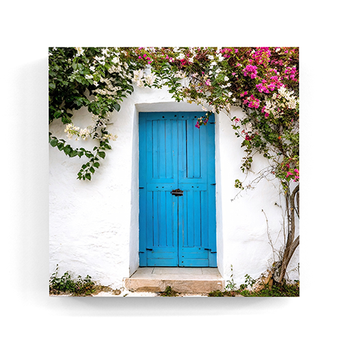 Blue door with bougainvillea Ibiza wall art wood print 10x10 cm