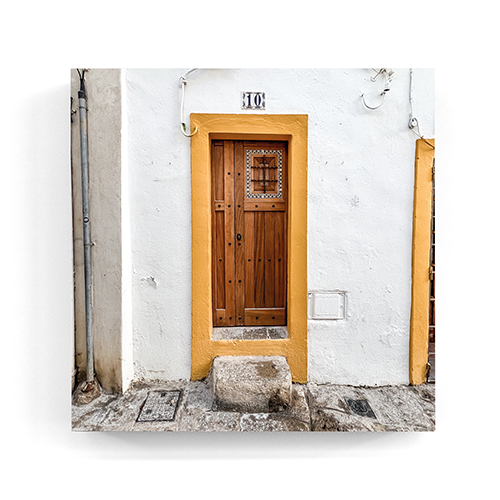 Yellow wooden door Dalt Vila Ibiza wall art wood print 10x10 cm