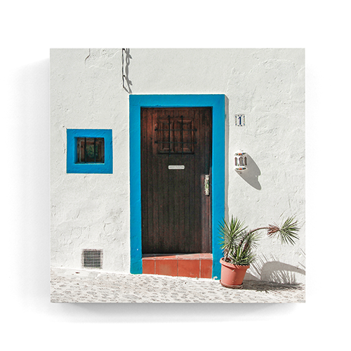 Blue framed wooden door Ibiza wall art wood print 10x10 cm