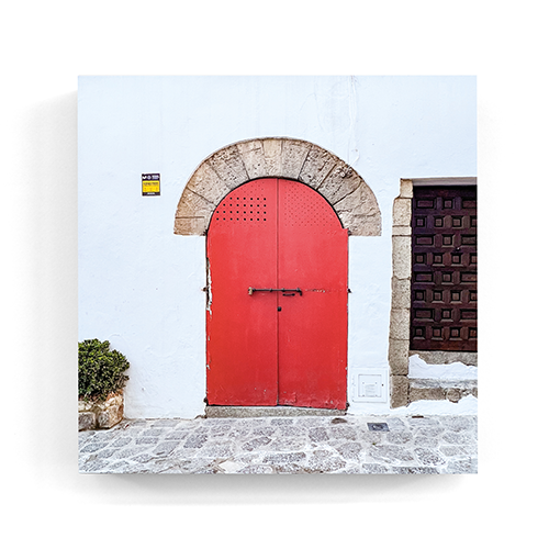 Red door Dalt Vila Ibiza wall art wood print 10x10 cm