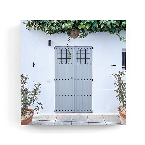Grey door Dalt Vila Ibiza wall art wood print 10x10 cm