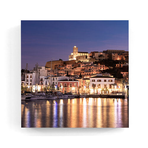 Ibiza harbour night Eivissa wall art wood print 10x10 cm