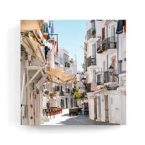 Dalt Vila old town alley Ibiza wall art wood print 10x10 cm