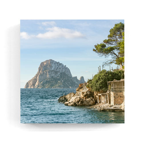 Es Vedra view from Cala d'Hort Ibiza wall art wood print 10x10 cm