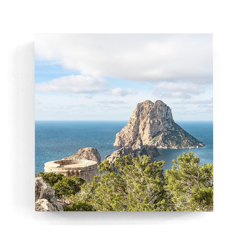 Es Vedra view Torre des Savinar Ibiza wall art wood print 10x10 cm