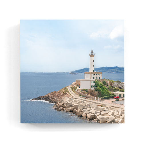 Botafoch lighthouse Ibiza harbour wall art wood print 10x10 cm