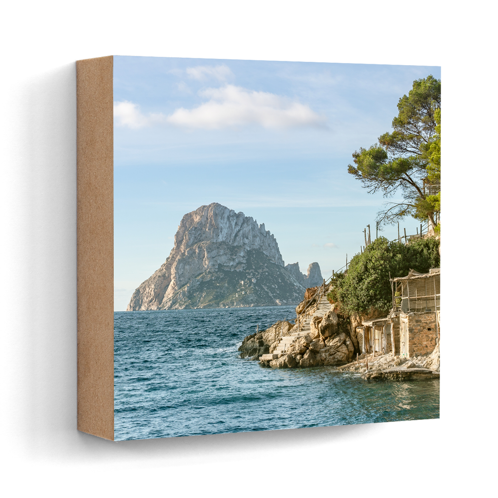 Es Vedra view from Cala d'Hort Ibiza wall art wood print 10x10 cm