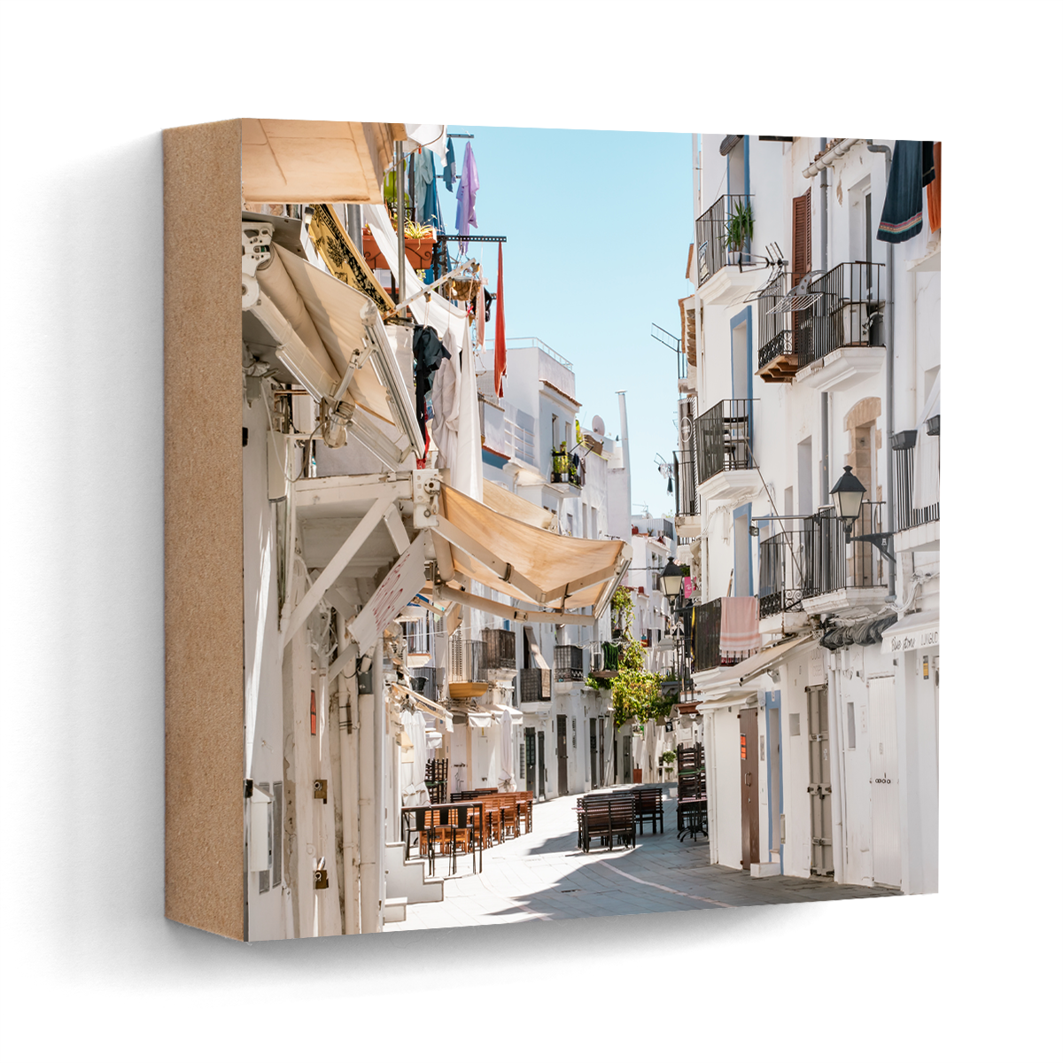 Dalt Vila old town alley Ibiza wall art wood print 10x10 cm