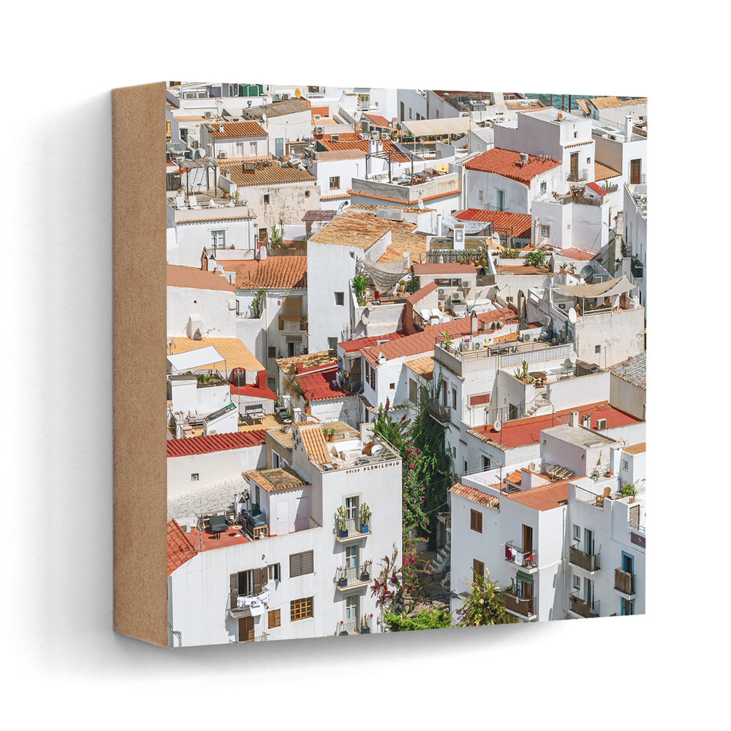 Dalt Vila rooftops Ibiza wall art wood print 10x10 cm