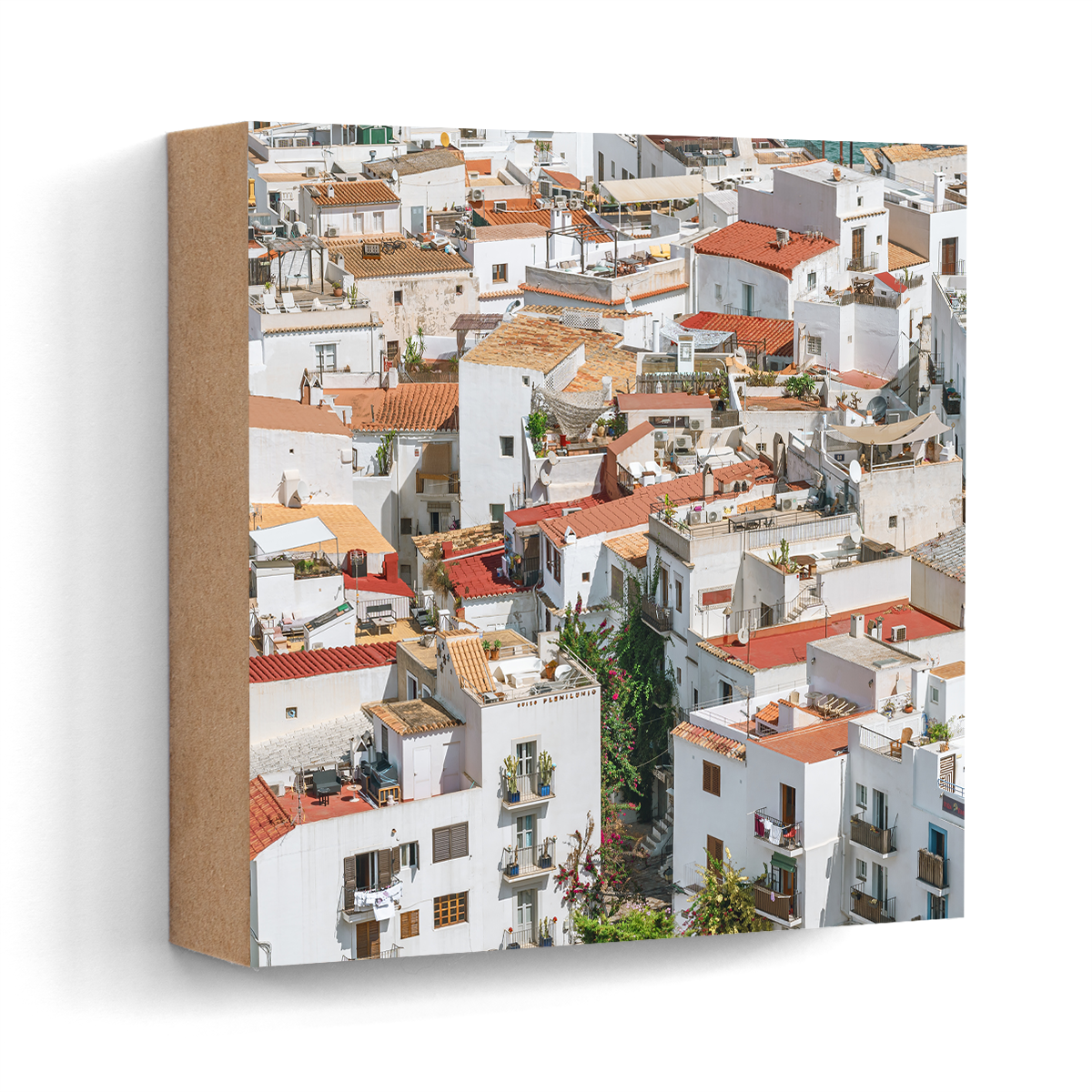 Dalt Vila rooftops Ibiza wall art wood print 10x10 cm