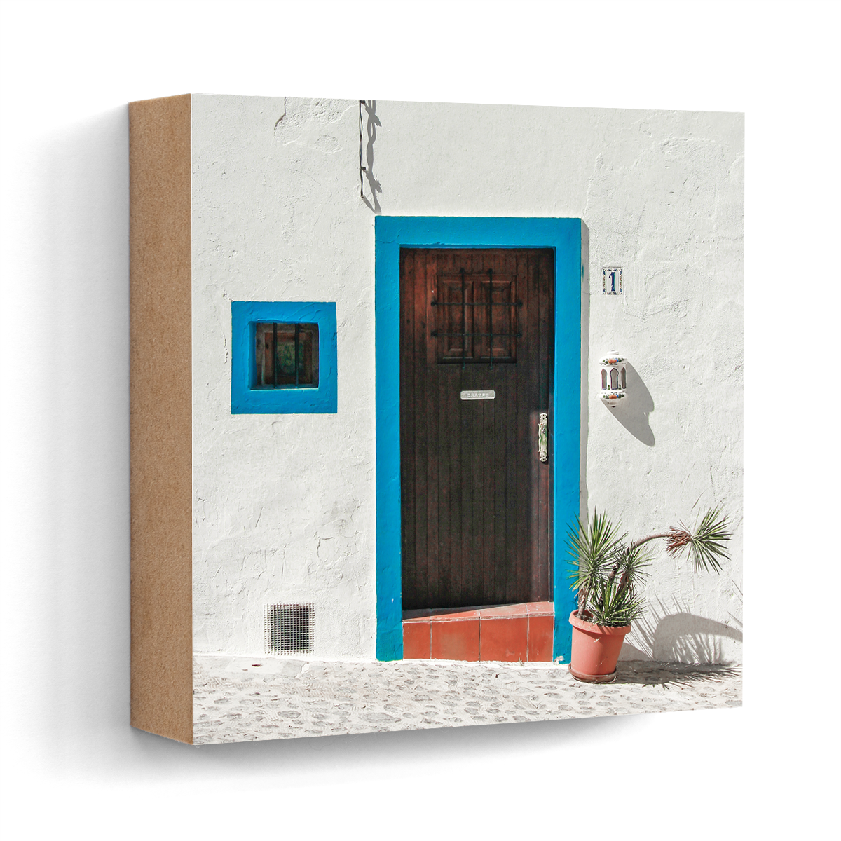 Blue framed wooden door Ibiza wall art wood print 10x10 cm