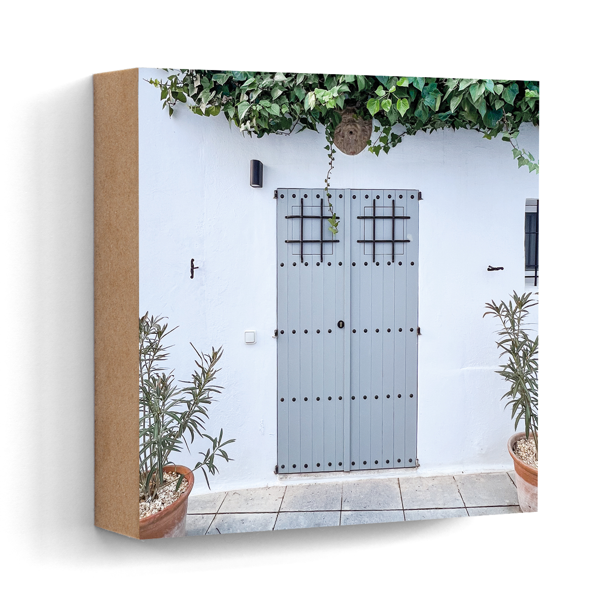 Grey door Dalt Vila Ibiza wall art wood print 10x10 cm