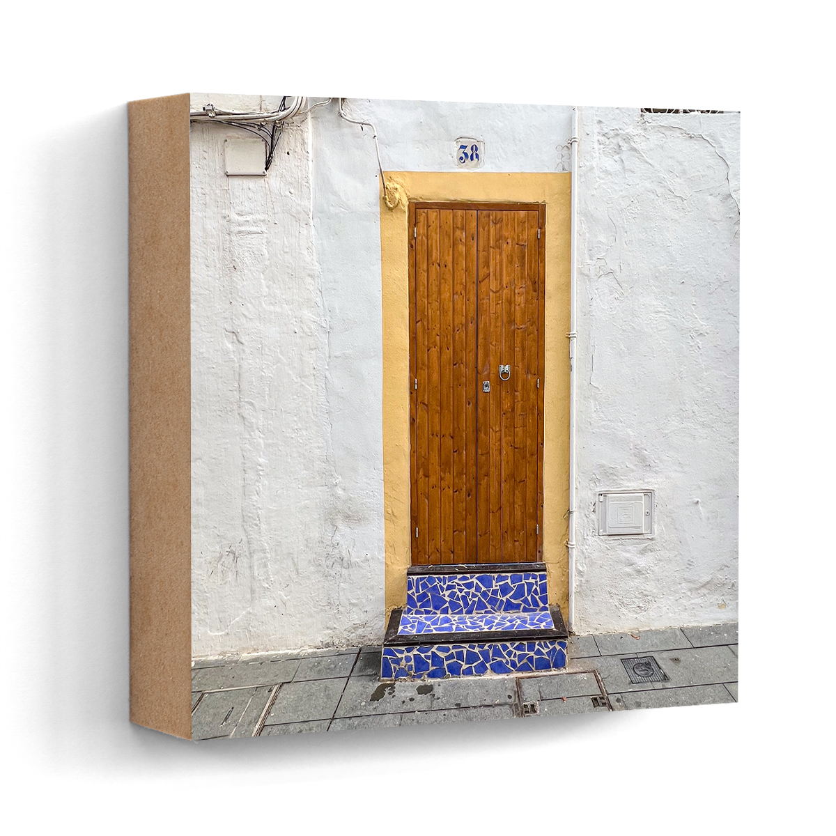 Mosaic door Dalt Vila Ibiza wall art wood print 10x10 cm