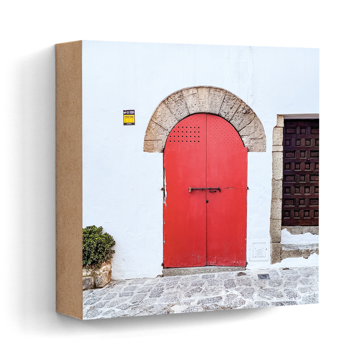 Red door Dalt Vila Ibiza wall art wood print 10x10 cm