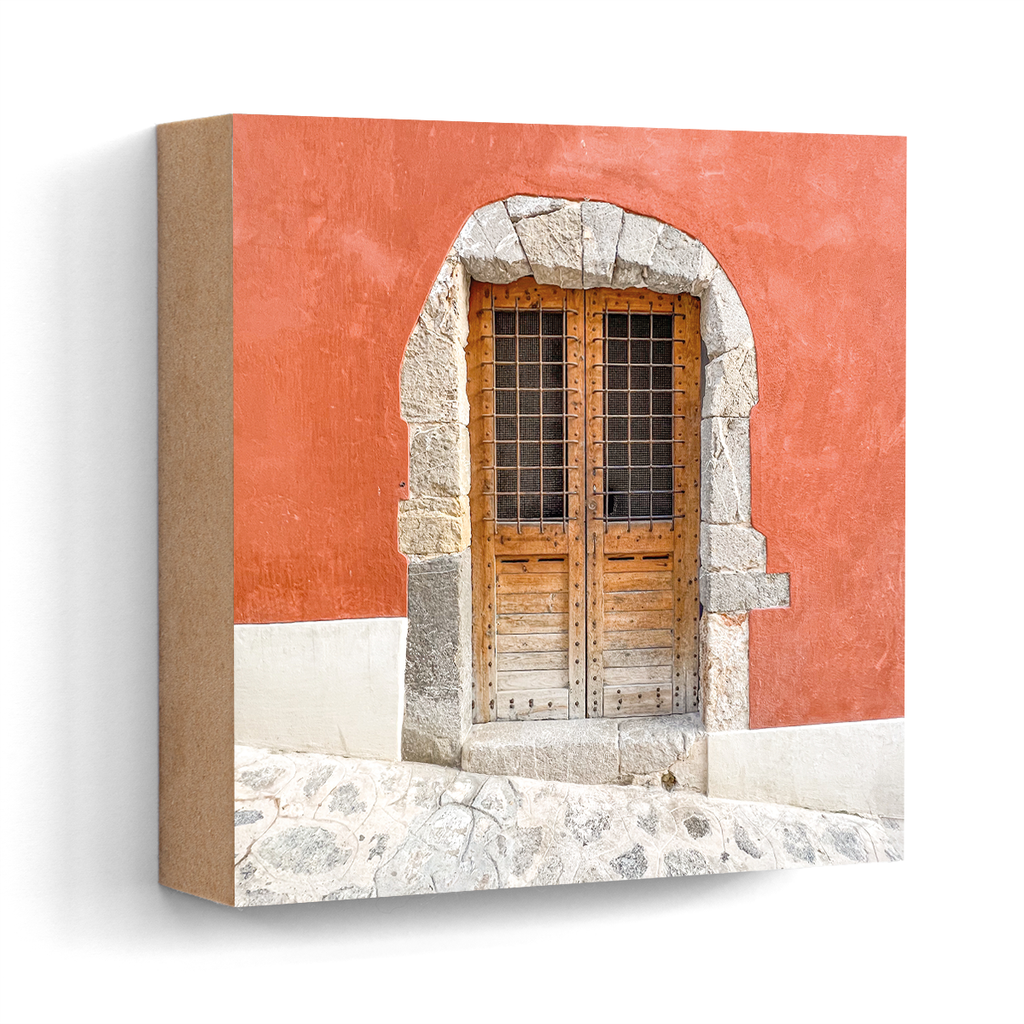 Red Wall Wooden Door Dalt Vila Ibiza wall art wood print 10x10 cm