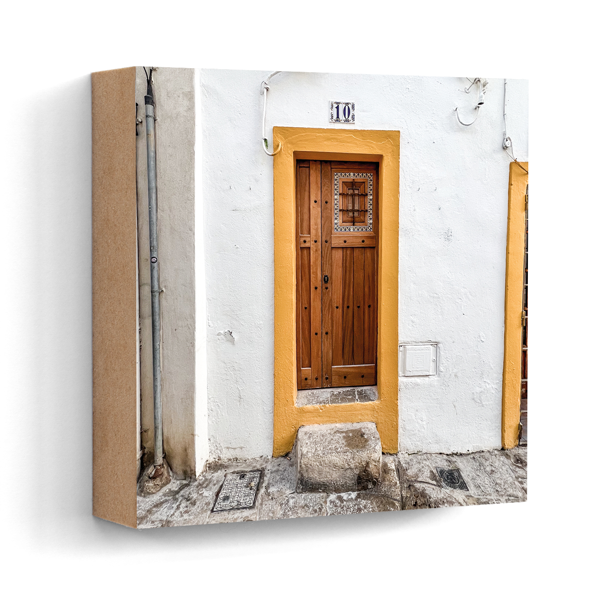 Yellow wooden door Dalt Vila Ibiza wall art wood print 10x10 cm
