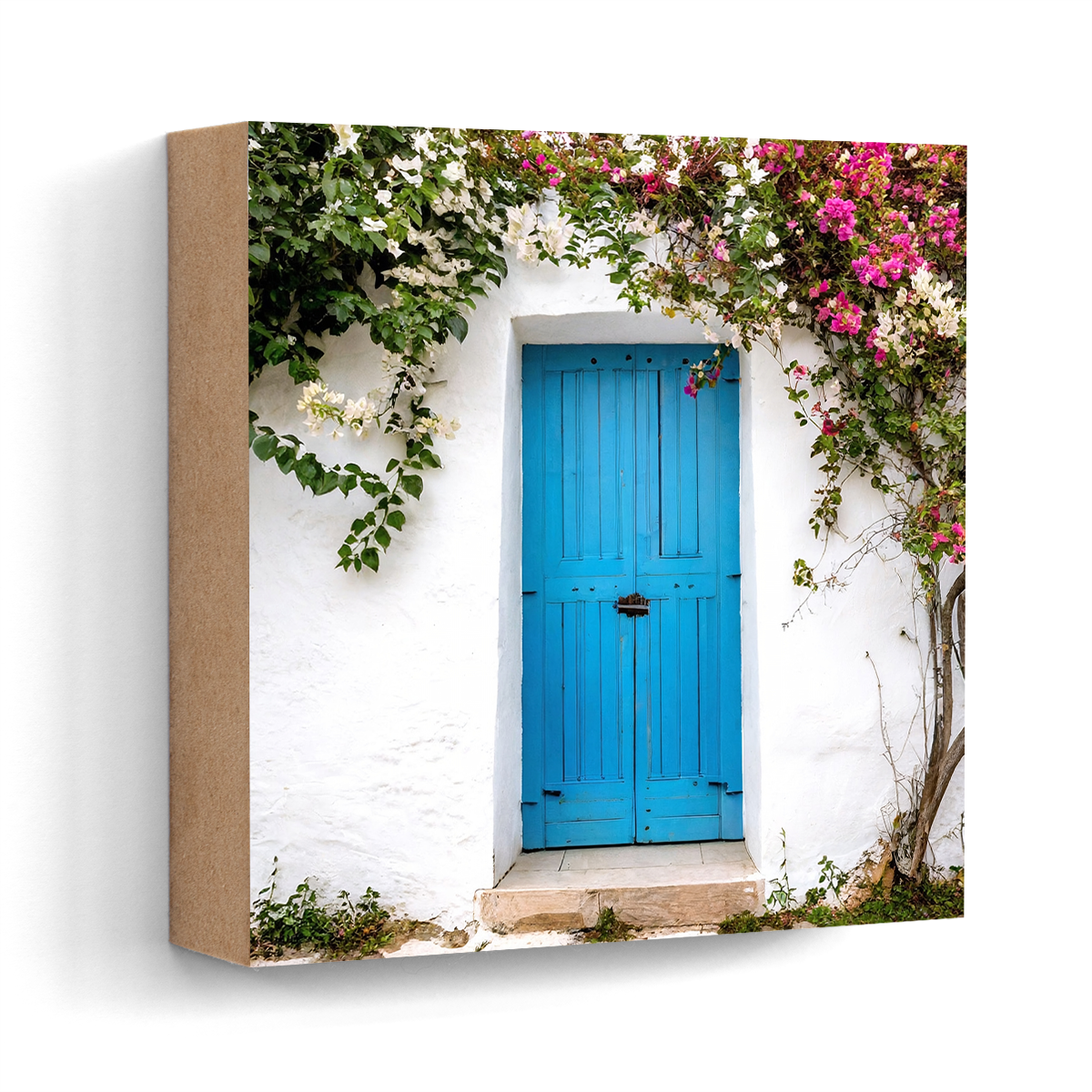 Blue door with bougainvillea Ibiza wall art wood print 10x10 cm