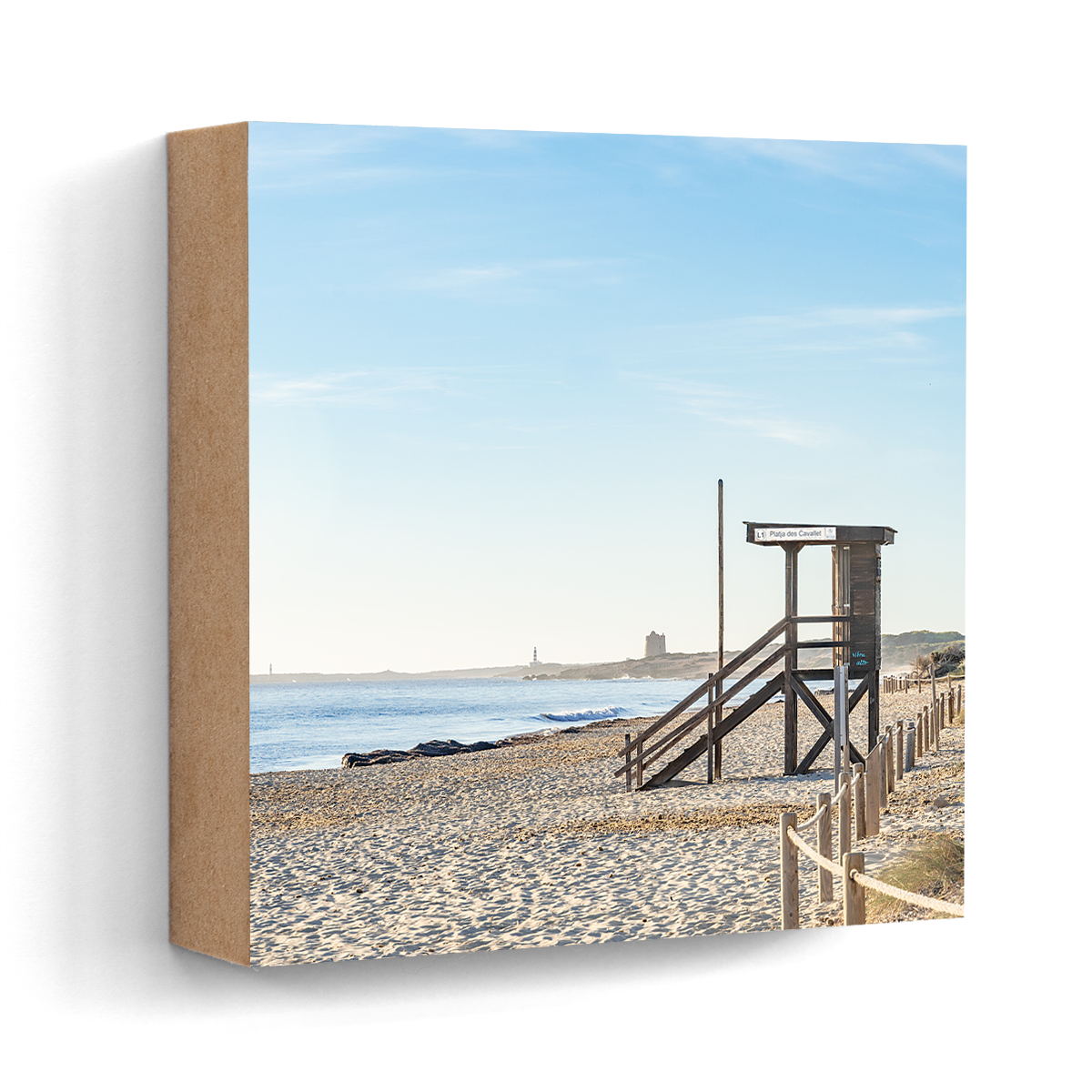 Es Cavallet lifeguard tower Ibiza wall art wood print 10x10 cm