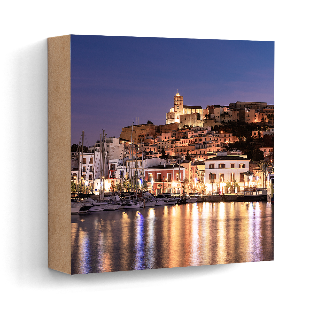 Ibiza harbour night Eivissa wall art wood print 10x10 cm