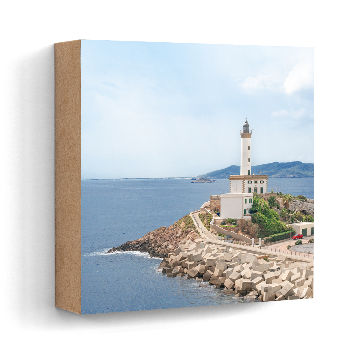 Botafoch lighthouse Ibiza harbour wall art wood print 10x10 cm