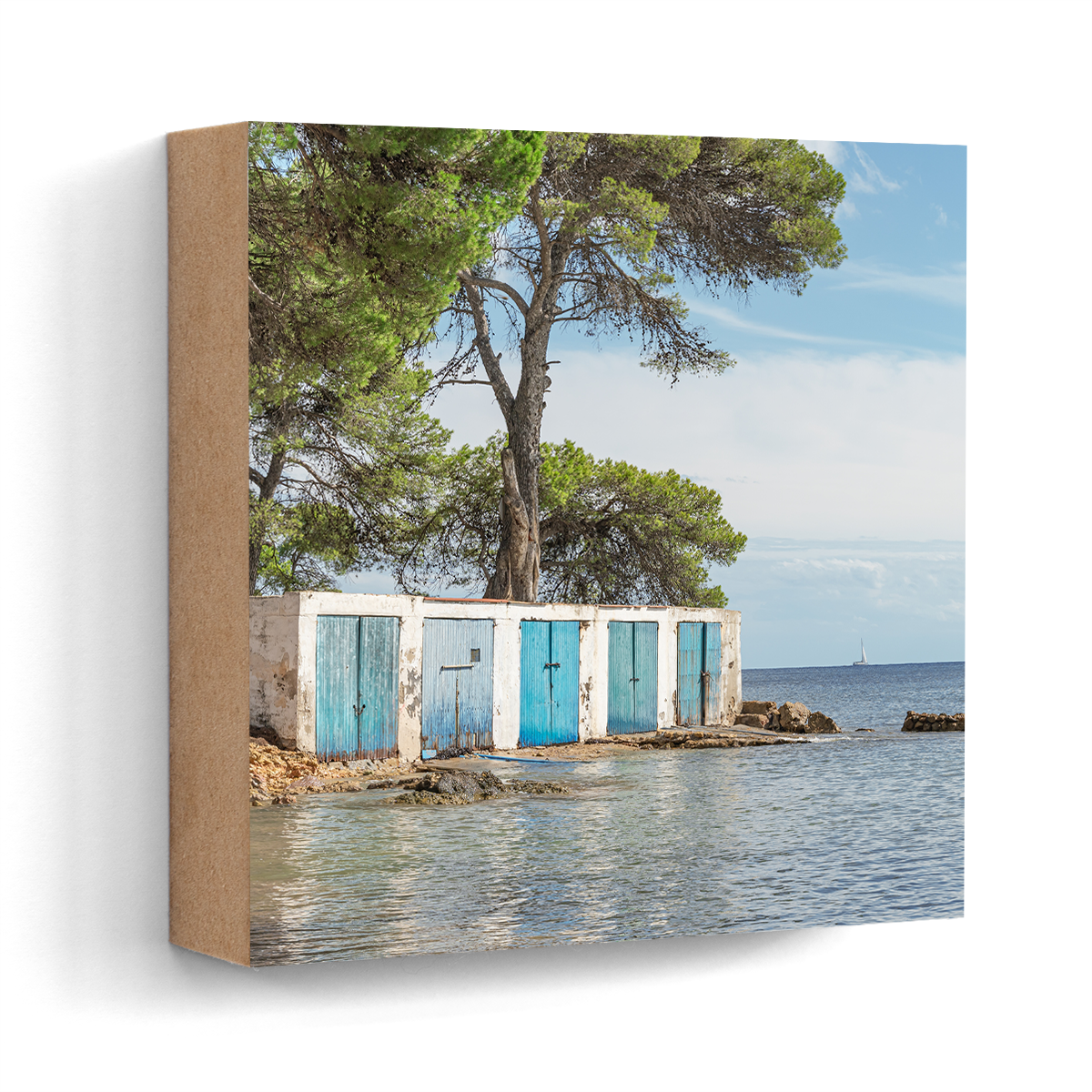 Santa Eulària boat garage Ibiza wall art wood print 10x10 cm