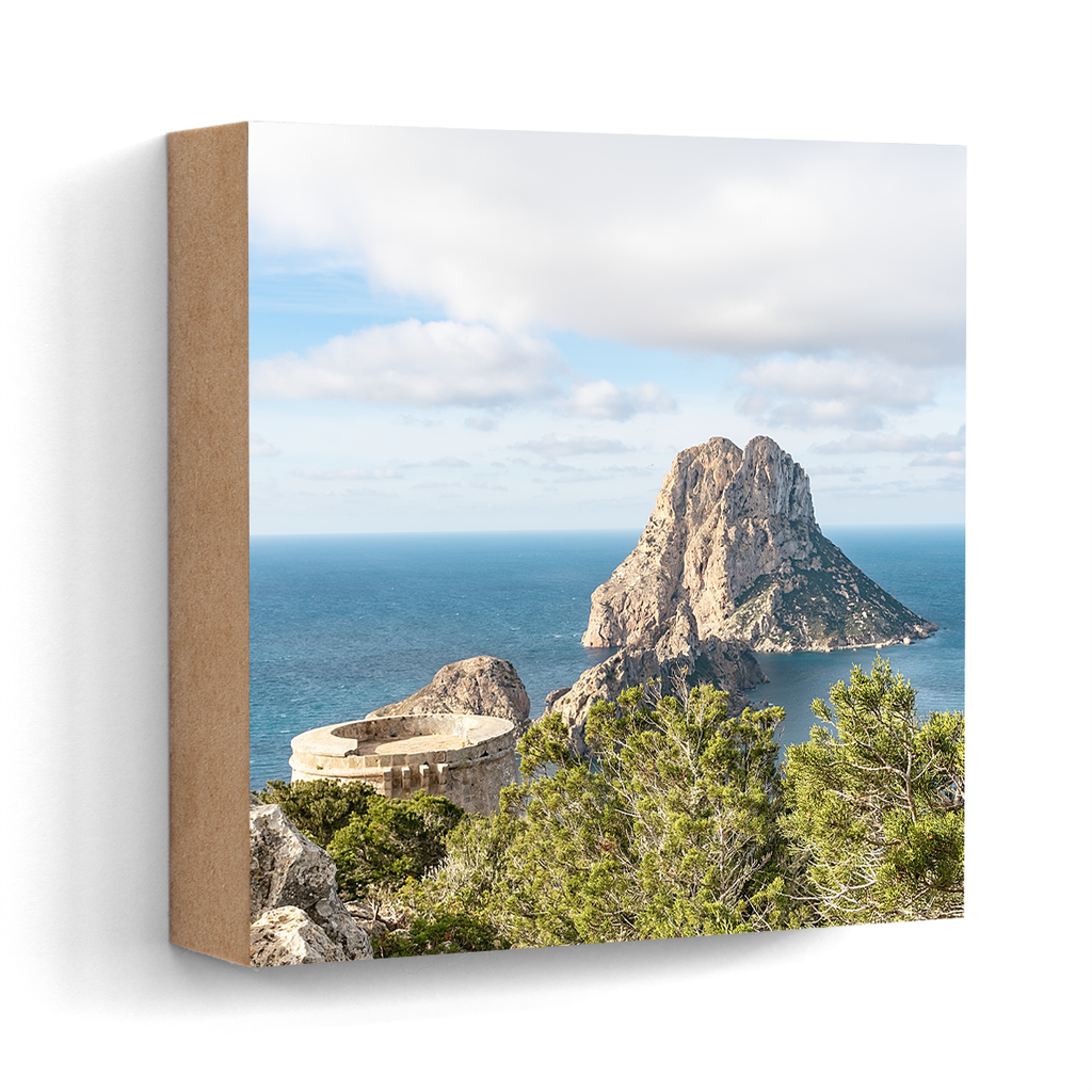 Es Vedra view Torre des Savinar Ibiza wall art wood print 10x10 cm